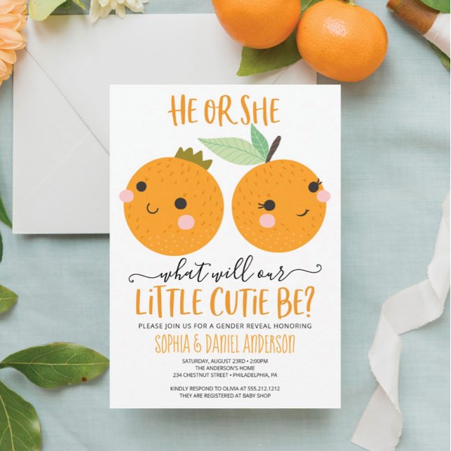 Orange Little Cutie Citrus Modern Gender Reveal Invitation (Creator Uploaded)