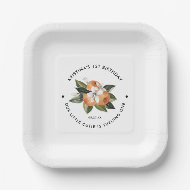 Orange Little Cutie Is One 1st Birthday Party Pape Paper Plate (Front)