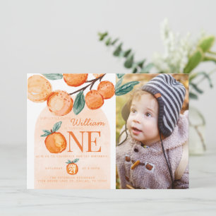 Orange Little Cutie ONE 1st Birthday Party Photo Invitation