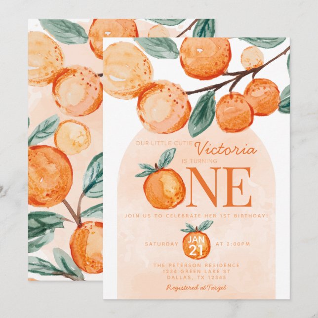 Orange Little Cutie turning ONE 1st Birthday Party Invitation (Front/Back)