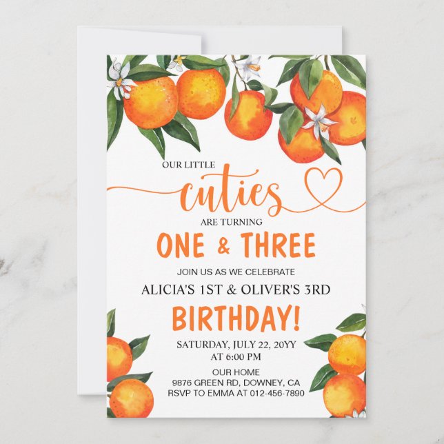 Orange Little Cuties Joint Sibling Birthday Party Invitation (Front)
