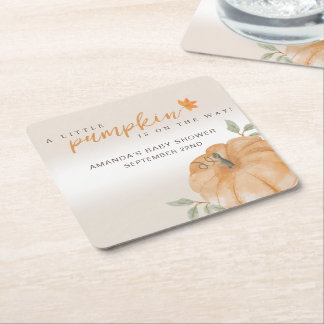 Orange Little Pumpkin Autumn Fall Baby Shower Square Paper Coaster