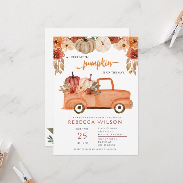 Orange Little Pumpkin Gender Neutral Baby Shower Invitation (Front/Back In Situ)