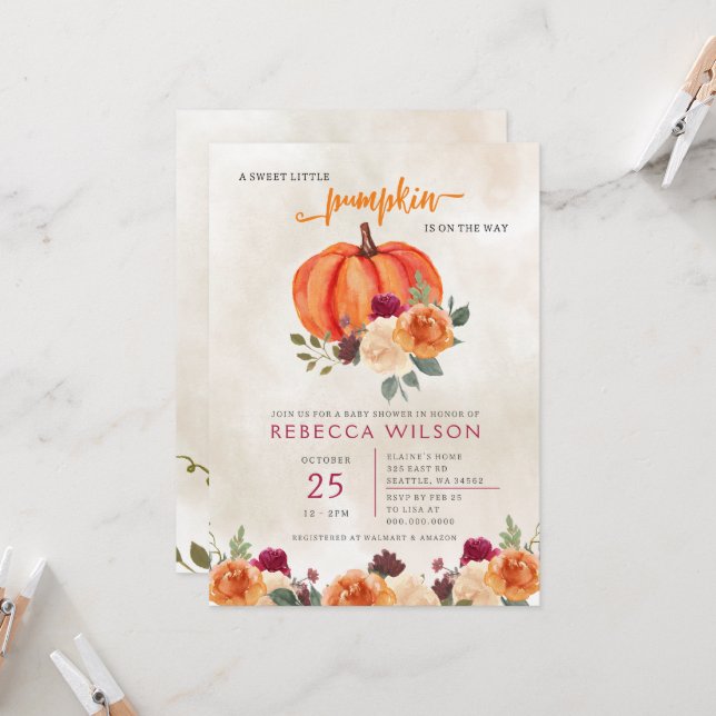 Orange Little Pumpkin Gender Neutral Baby Shower Invitation (Front/Back In Situ)