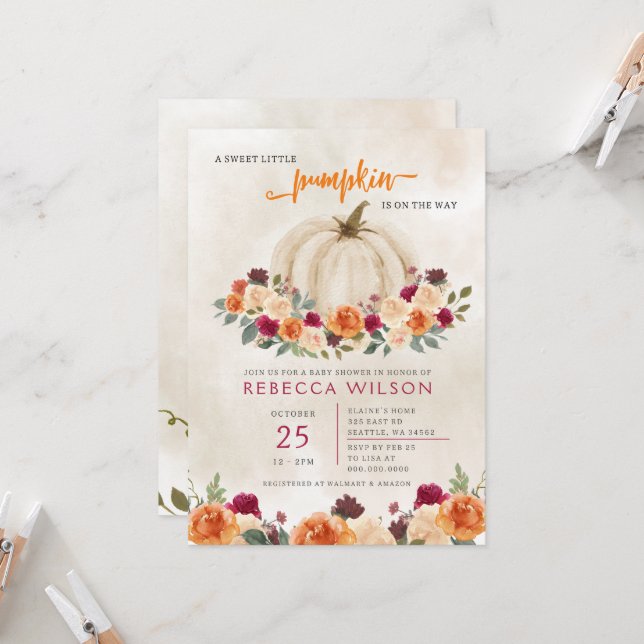 Orange Little Pumpkin Gender Neutral Baby Shower Invitation (Front/Back In Situ)