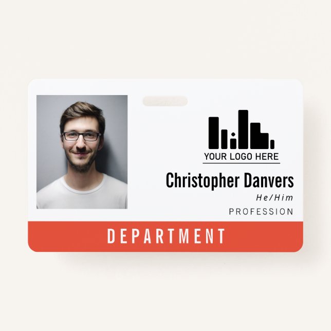 Orange Logo Personal Pronouns Office Employee ID Badge (Front)