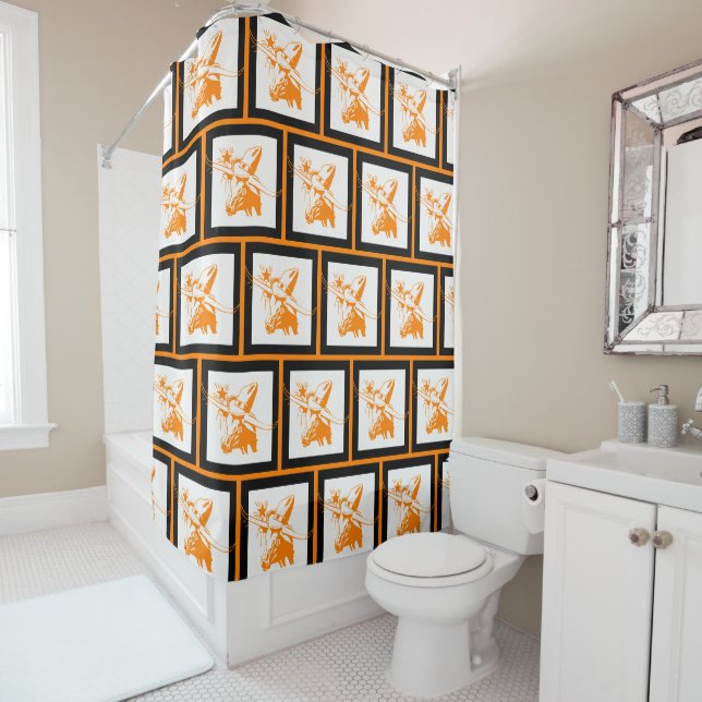 Orange Longhorn Steer with Cowboy Hat Black Trim Shower Curtain (In Situ)