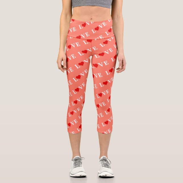 Orange LOVE and Red Heart Pattern Elegant Romantic Capri Leggings (Front)