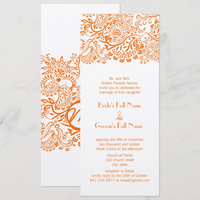 Orange Love Bird Lace Pattern Wedding Invitation (Front/Back)