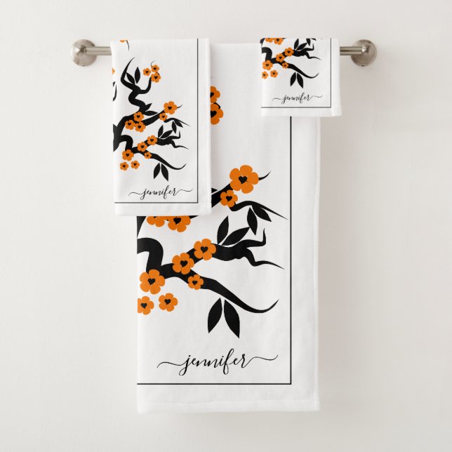 Orange love birds cherry tree blossoms and border bath towel set (Insitu)