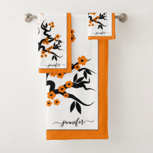 Orange love birds cherry tree, blossoms and border bath towel set