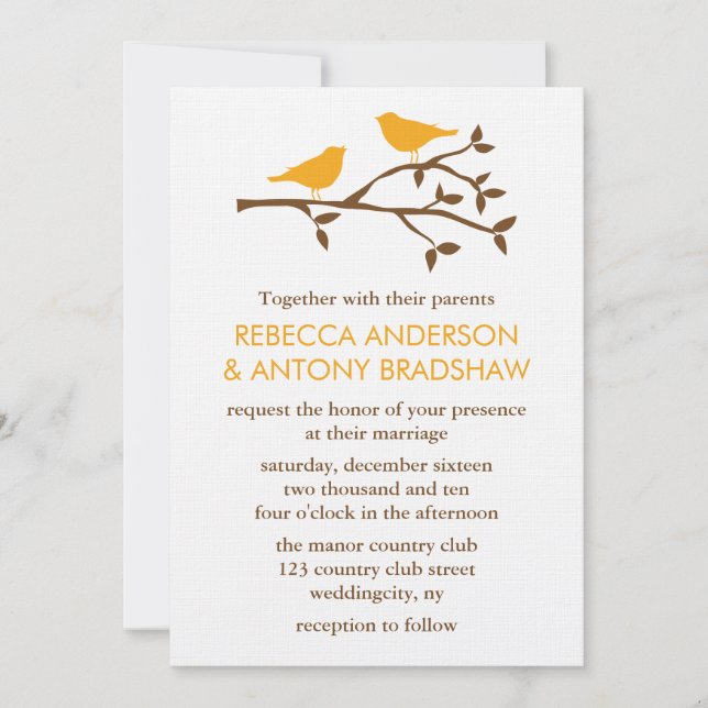 Orange Love Birds on a Branch Wedding Invitation (Front)