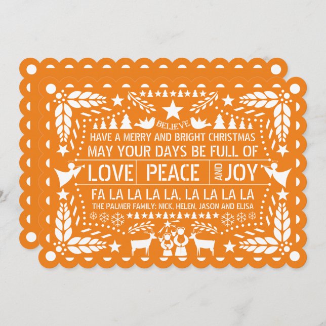 Orange Love Peace Joy papel picado Christmas Holiday Card (Front/Back)