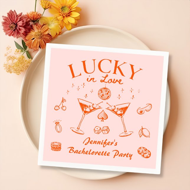 Orange Lucky In Love Cocktails Bachelorette Party Napkin (Creator Uploaded)