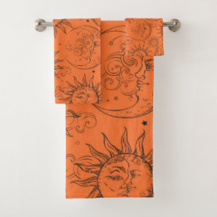 Orange Magic Vintage Celestial Sun Moon Stars Bath Towel Set
