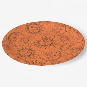 Orange Magic Vintage Celestial Sun Moon Stars Paper Plate