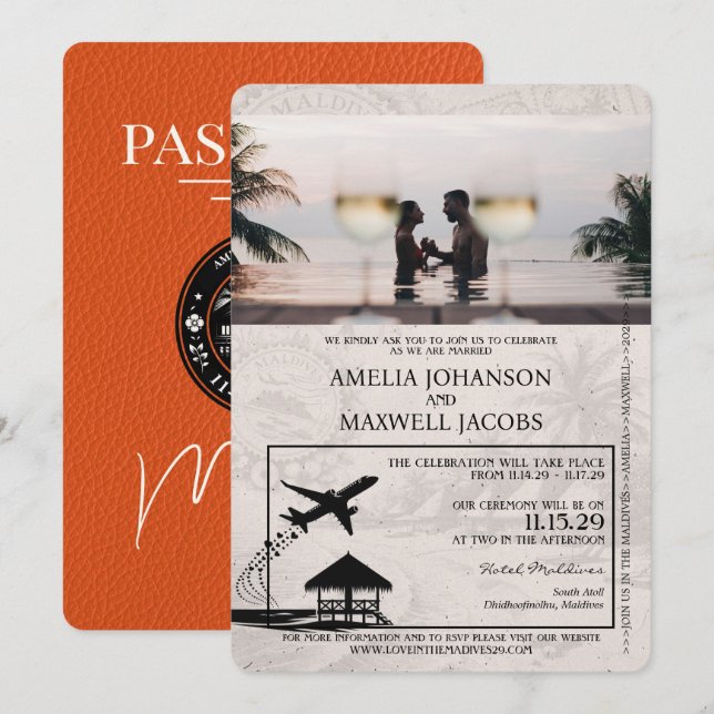 Orange Maldives Passport Wedding Invitation (Front/Back)
