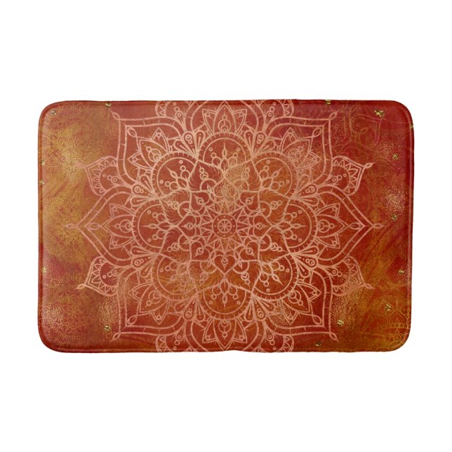 Orange Mandala & Gold Glam Modern Chic Bath Mat (Front)