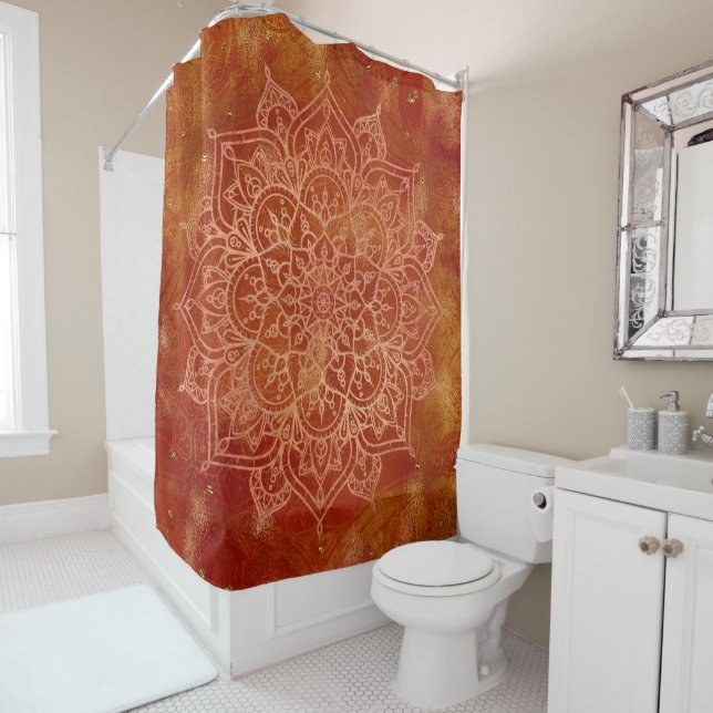 Orange Mandala & Gold Glam Modern Chic Shower Curtain (In Situ)