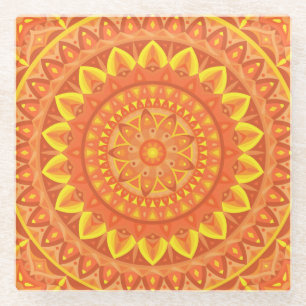 Orange Mandala Warm Boho Pattern Vibrant Design Glass Coaster