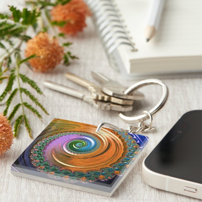 Orange Mandelbrot Swirl Key Ring (Front Right)