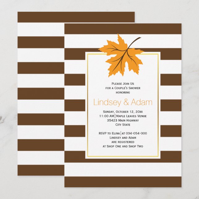Orange maple leaf & stripes wedding couples shower invitation (Front/Back)