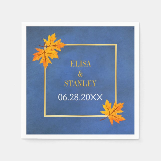 Orange maple leaves on blue rustic wedding napkins (Front)