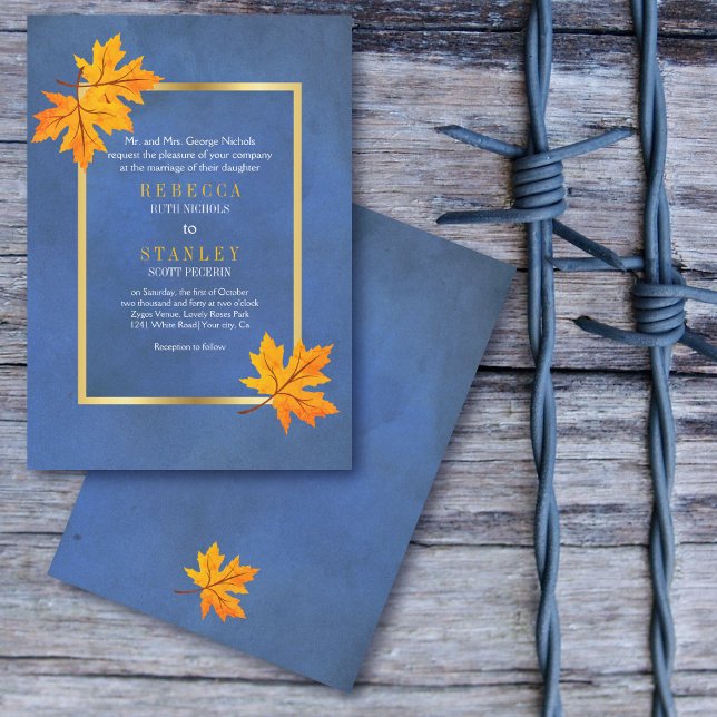Orange maple leaves on blue stained paper wedding invitation (Creator Uploaded)