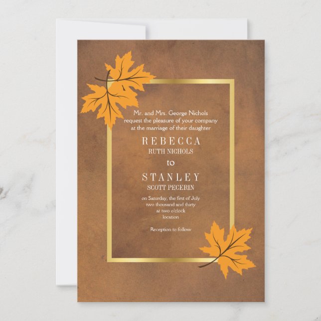 Orange maple leaves on brown stained paper wedding invitation (Front)