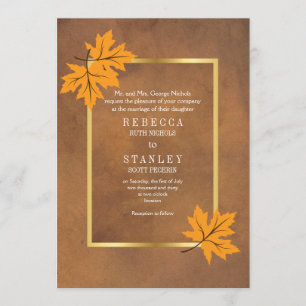 Orange maple leaves on brown stained paper wedding invitation