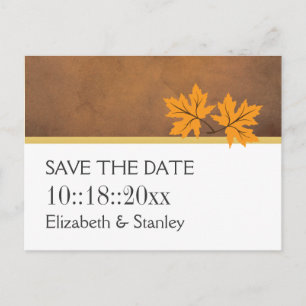 Orange maple leaves on brown wedding Save the Date Announcement Postcard