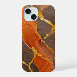 Orange Marble Pattern with Gold iPhone 15 Case