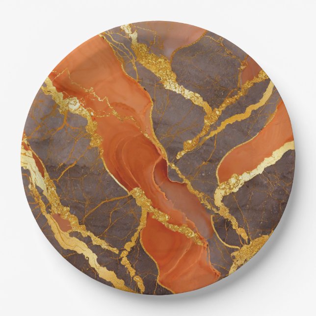 Orange Marble Pattern with Gold Paper Plate (Front)