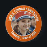 Orange Marching Band Photo High School Spirit 7.5 Cm Round Badge<br><div class="desc">This cool customised high school marching band photo features white typography of your team and player name on an orange button. Personalise with your student's photograph and class year as a proud parent. A mum and dad can wear these buttons to competition and games.</div>