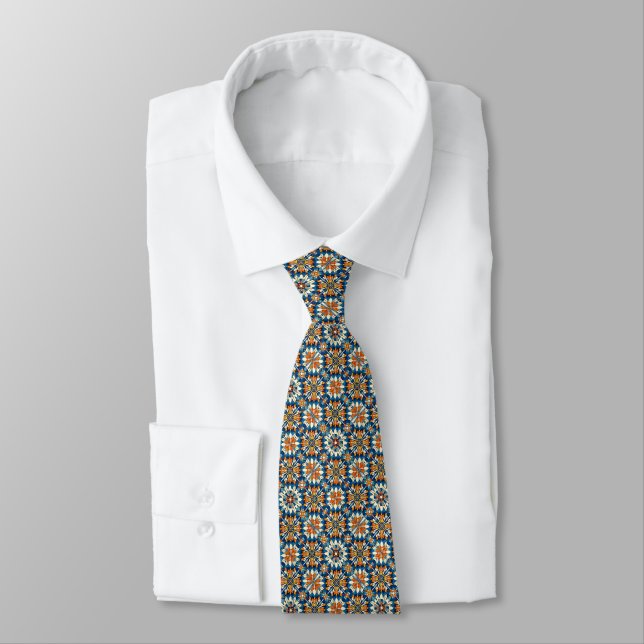 Orange, Marigold, Blues & Cream Stained Glass Pat Tie (Tied)