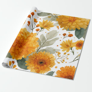 Orange Marigold Botanical Floral Watercolor Autumn Wrapping Paper