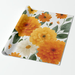 Orange Marigold Botanical Floral Watercolor Autumn Wrapping Paper