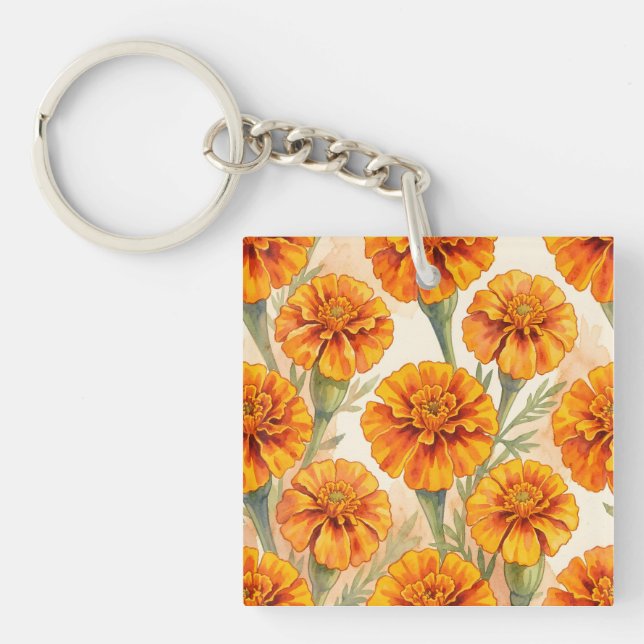 Orange marigold flowers pattern key ring (Front)