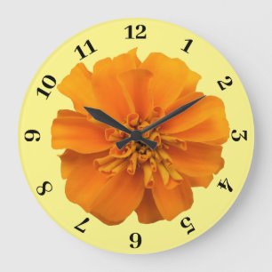 Orange Marigold on Yellow Background Large Clock
