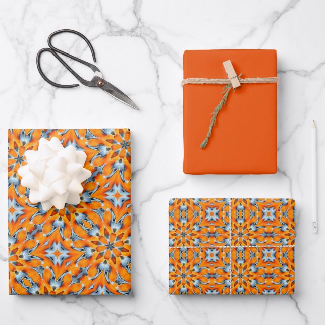 Orange, Marigold, Silver & Platinum Burst Pattern Wrapping Paper Sheet (Front)