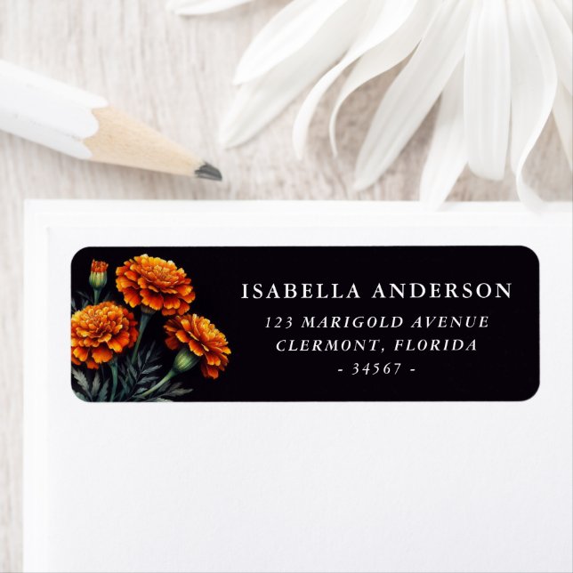 Orange Marigolds on Black Return Address Label (Insitu)
