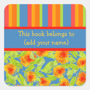 Orange Marigolds, Stripes Sheet of 20 Bookplates Square Sticker