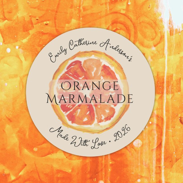 Orange Marmalade Artisan Jam Jar Packaging Label (This elegant orange marmalade jam jar label features my own original watercolor citrus art.)