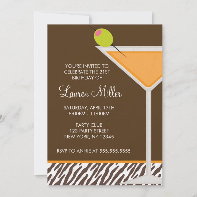 Orange Martini and Zebra Pattern Invitation (Front)