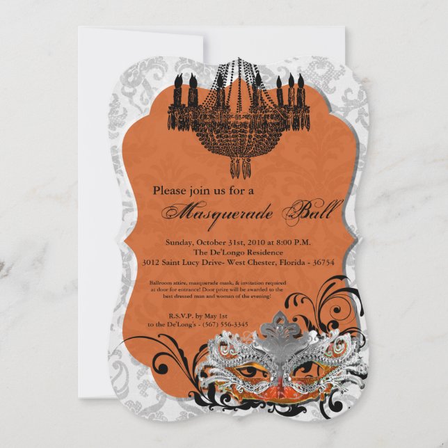Orange Masquerade Ball Mask Costume Halloween Part Invitation (Front)