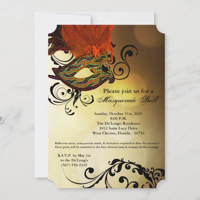 Orange Masquerade Ball Mask Costume Halloween Part Invitation (Front)