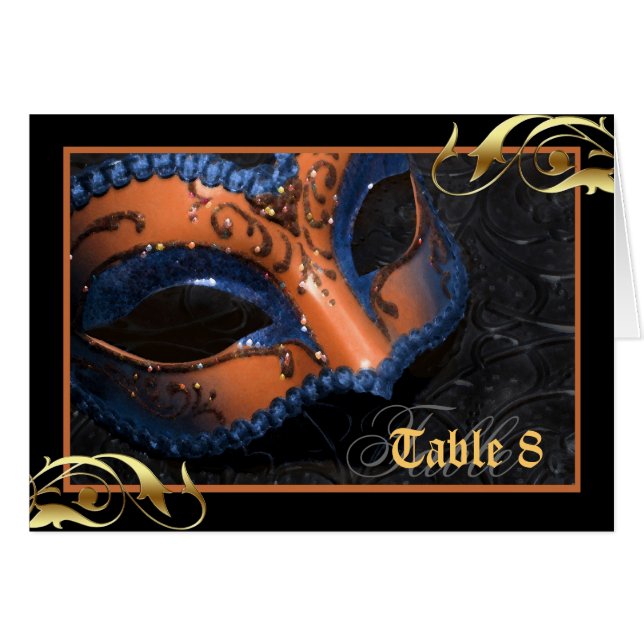 Orange Masquerade Mask Table Number Card (Front Horizontal)