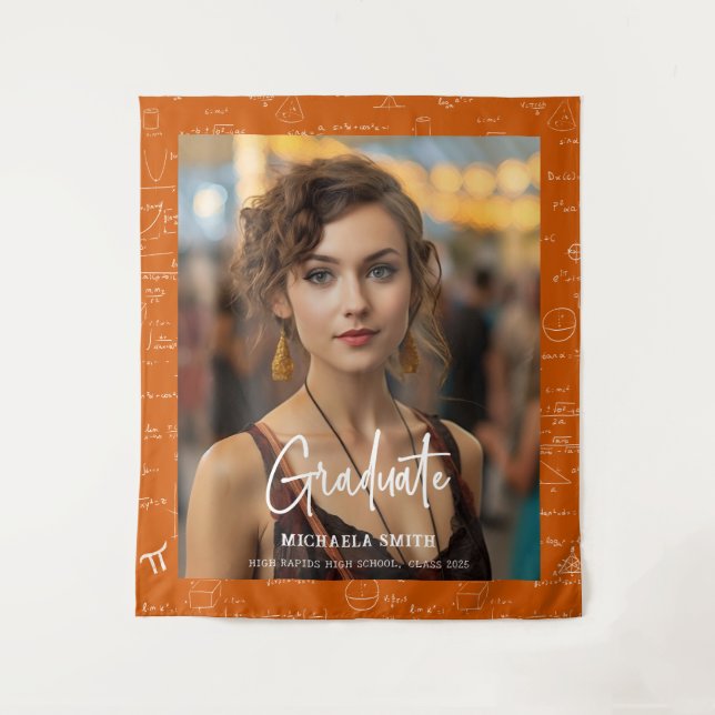 Orange Math Handwritten Script Photo Graduation  Tapestry (Front)