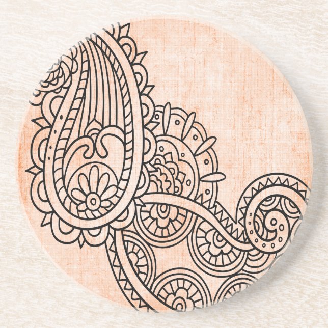 Orange Mehndi Motif Sandstone Coaster (Front)