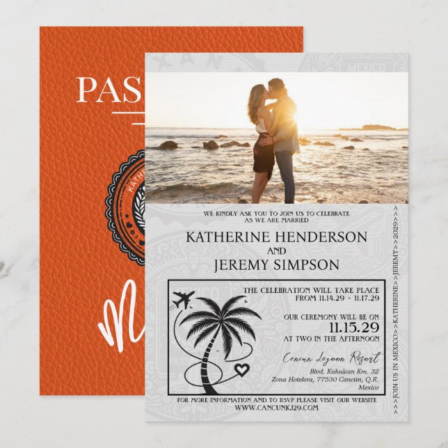 Orange Mexico Passport Wedding Invitation (Front/Back)